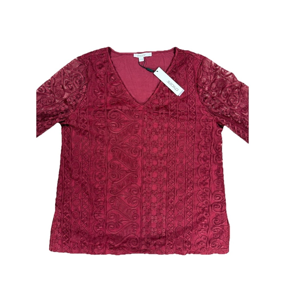 Chicos‎ Top Women's Size 1 M Red Lace V Neck Sheer Sleeves Embroidered Mesh NWT